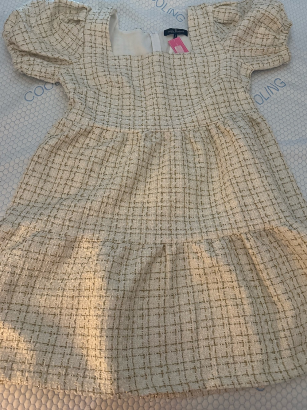 Simply Southern Cream Tweed Plaid Puff Sleeve Dress